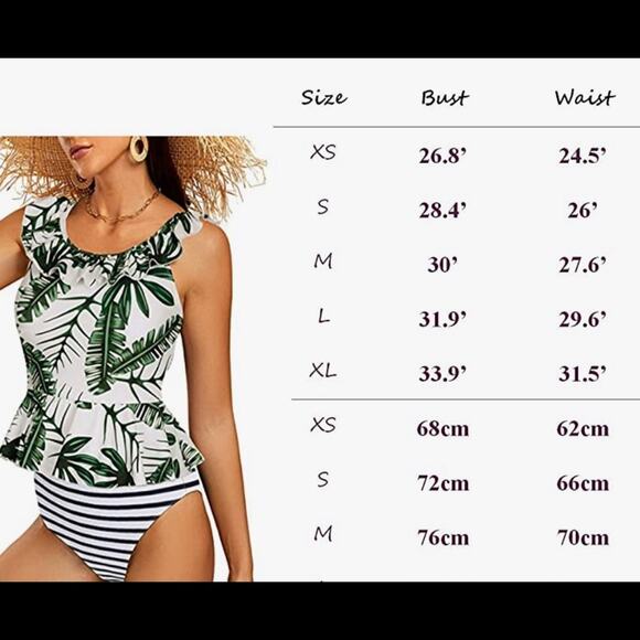 Palm Leaf Ruffled Peplum Tankini Swimsuit with High Waisted Striped Bottoms - Picture 9 of 9